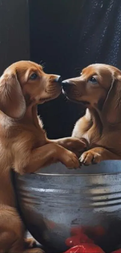 Two adorable puppies in a metallic bucket.