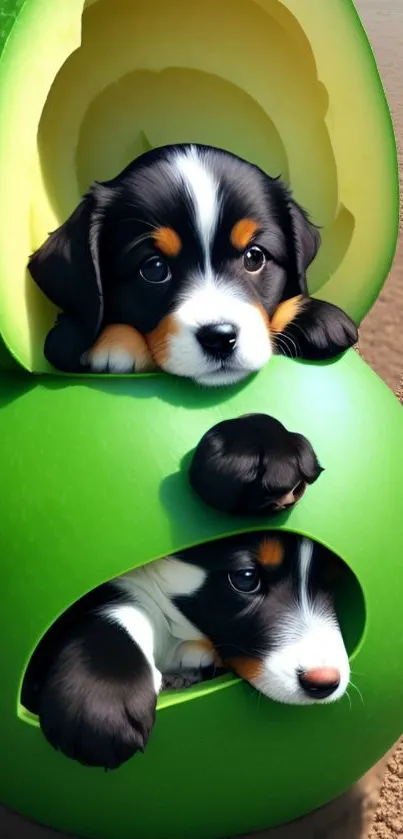 Puppies in an avocado-shaped shell on a brown surface.