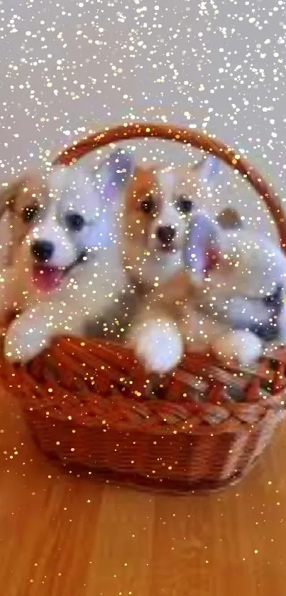 Three adorable puppies in a wicker basket on a light floor.