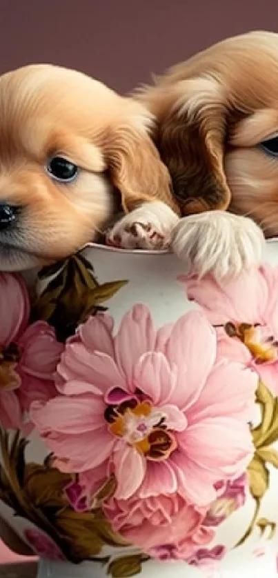 Two cute puppies in a floral teacup with pink flowers.