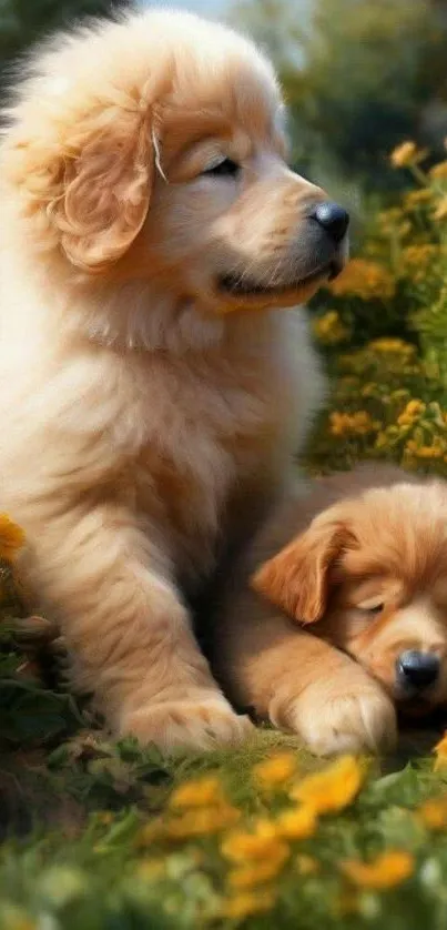 Two fluffy puppies lounging in a field of yellow flowers.