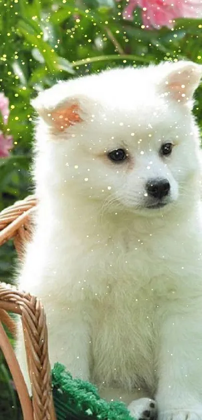 Two fluffy white puppies in a basket with pink flowers and green leaves background.