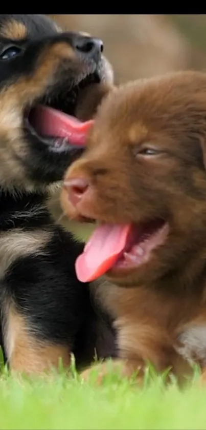 Cute brown and black puppies playing on green grass.