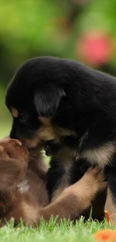 Two playful puppies in a green field.