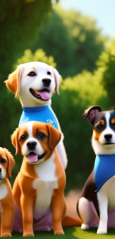 Five puppies wearing blue bandanas in a sunny green garden.