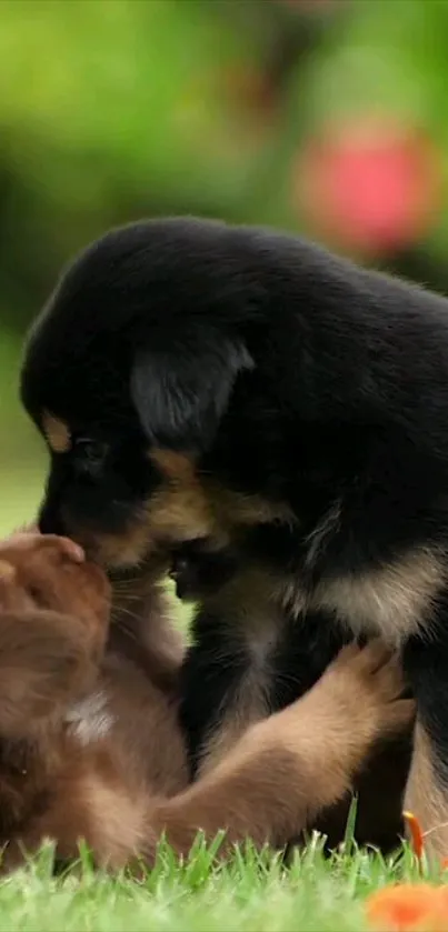 Two playful puppies in a lush, green setting.