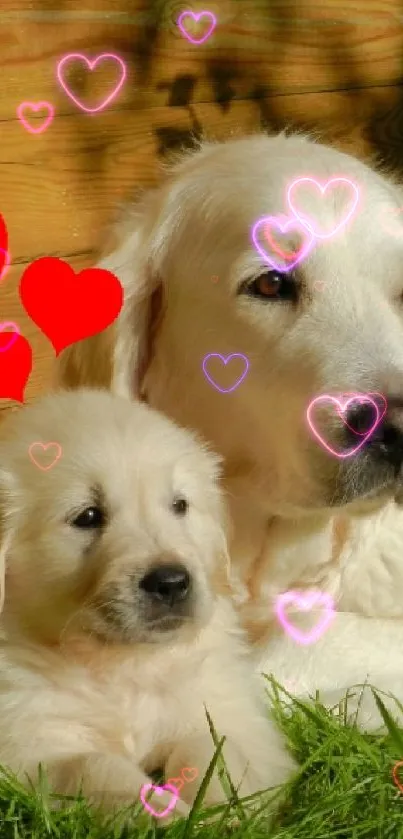 Adorable puppies resting on green grass with red hearts above them.