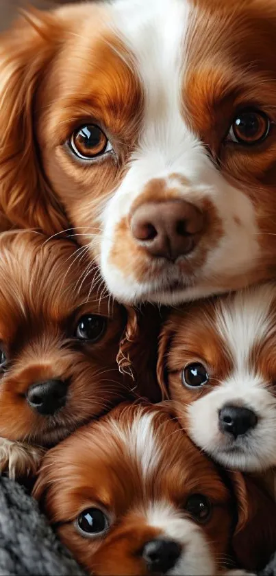 Four Cavalier King Charles Spaniel puppies cuddled closely.
