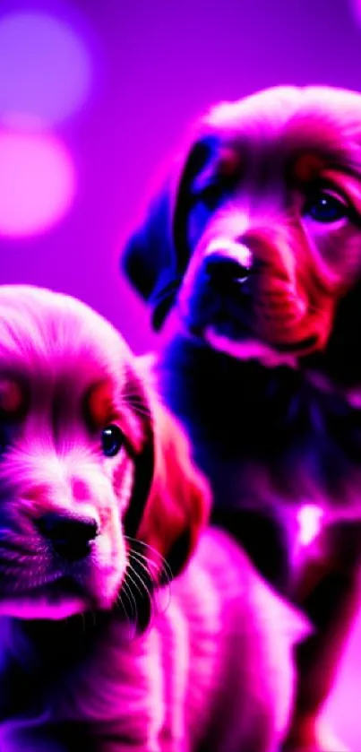 Two adorable puppies in neon purple hues.