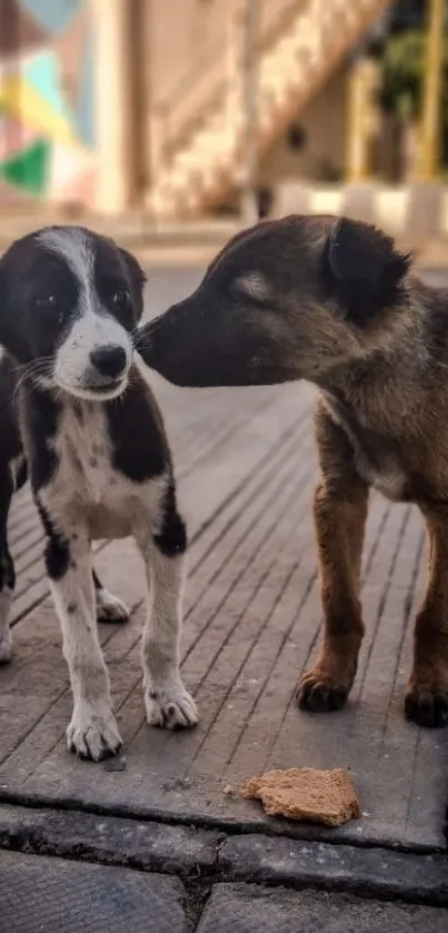 Two playful puppies on a city sidewalk.