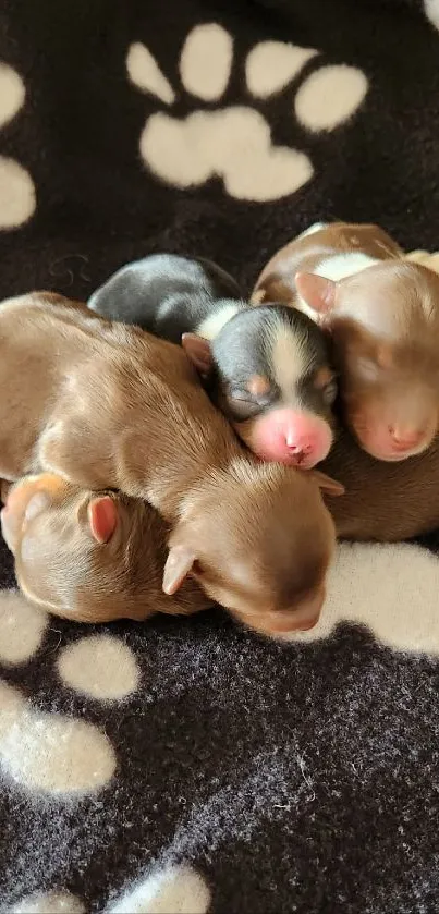 Adorable newborn puppies on a cozy paw-print blanket.