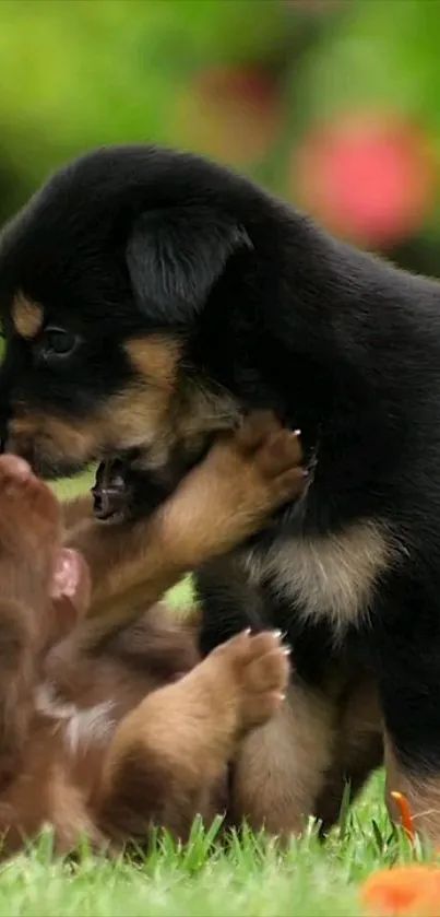 Two playful puppies having fun on green grass.