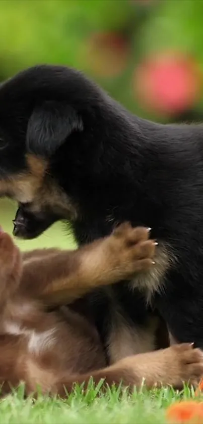 Two puppies playing on green grass with blurred background.