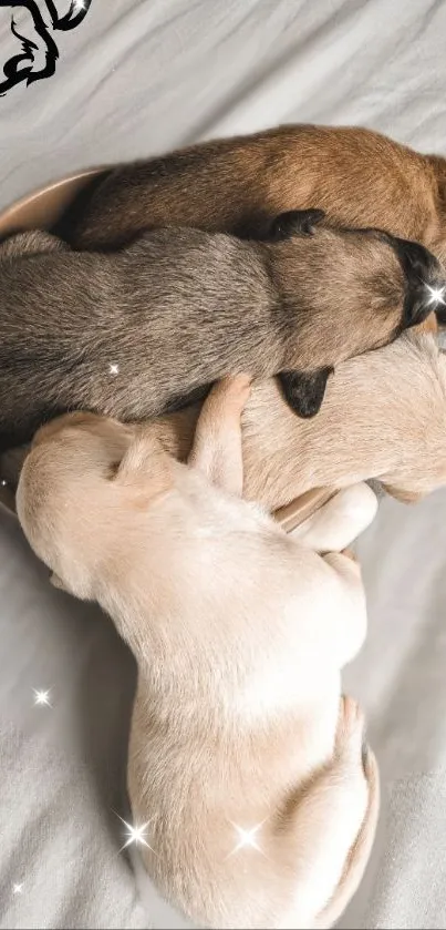 Adorable puppies sleeping together in a small basket.
