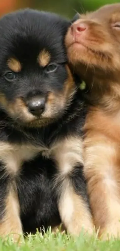 Two adorable puppies cuddling on grass wallpaper.