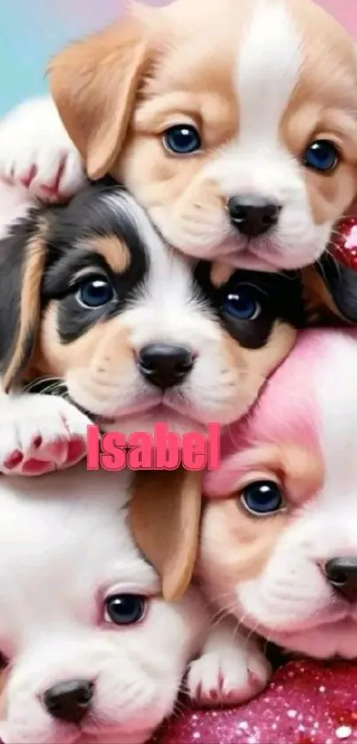Adorable puppies stacked in a colorful background wallpaper.