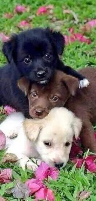 Cute puppies playing on grass with pink petals.