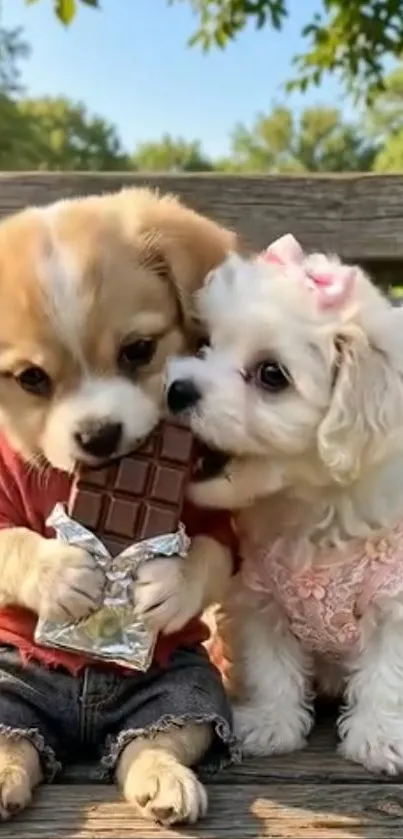 Two cute puppies sharing a chocolate bar on a bench.