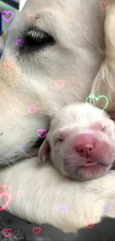 Adorable puppies embraced by loving dog with neon hearts.