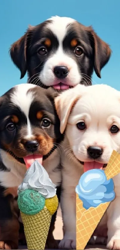 Three puppies enjoying ice cream cones against a blue sky.