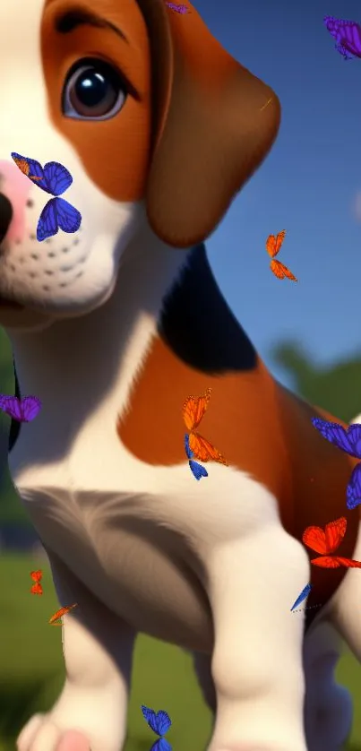 Cute animated puppy surrounded by colorful butterflies in a grassy setting.