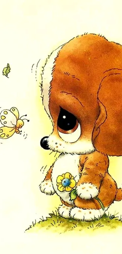 Cute puppy with flower gazing at butterfly in whimsical art style.