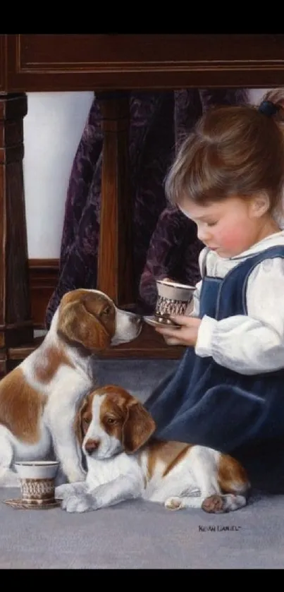 Cute child with puppies having a tea party.