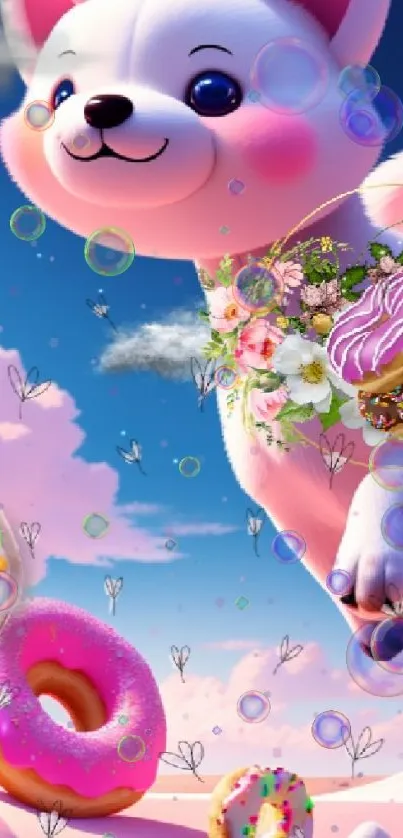 Adorable cartoon puppy with donuts in a dreamy sky background.