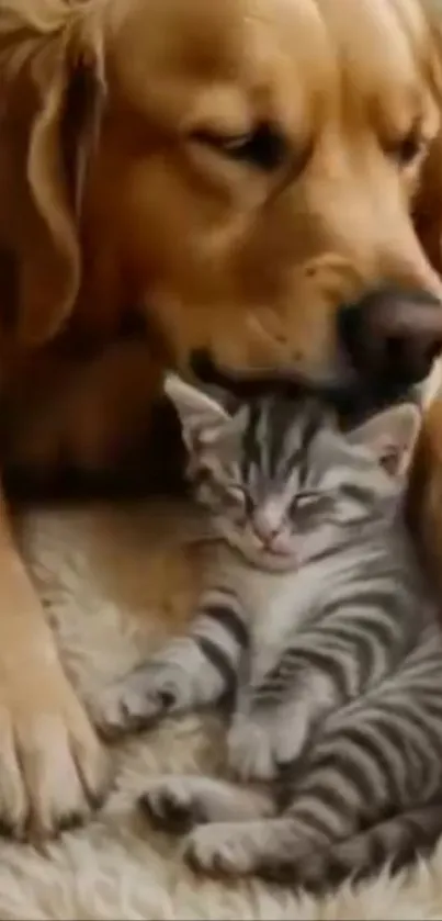 Golden retriever puppy and tabby kitten cuddle in cozy setting.