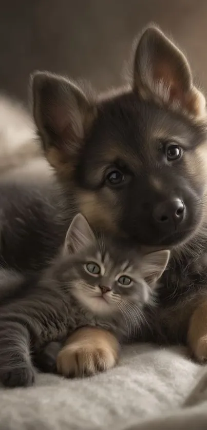 Puppy and kitten snuggling together on a soft bed.