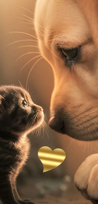 Cute puppy and kitten share a loving glance with a golden heart between them.