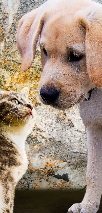 Puppy and kitten sharing a sweet moment on a rustic background.