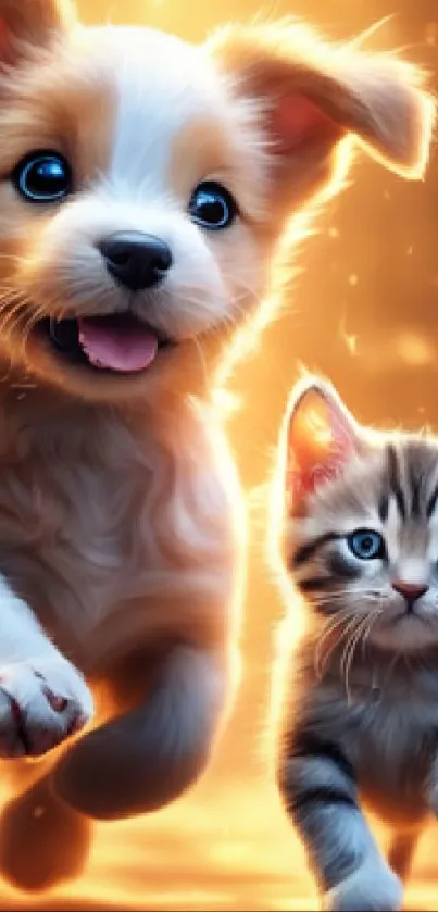 Adorable puppy and kitten play under a warm, orange glow.