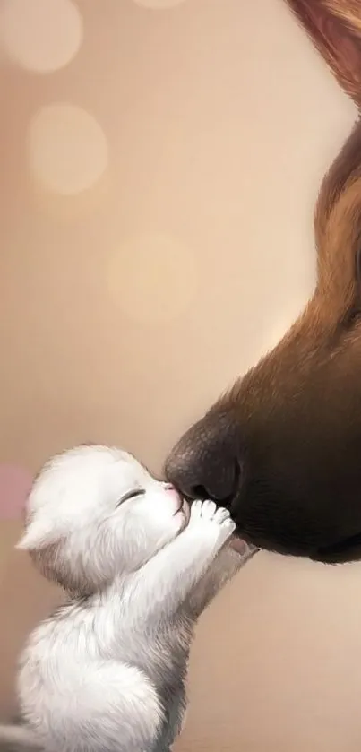 Cute puppy and kitten touching noses on beige background.