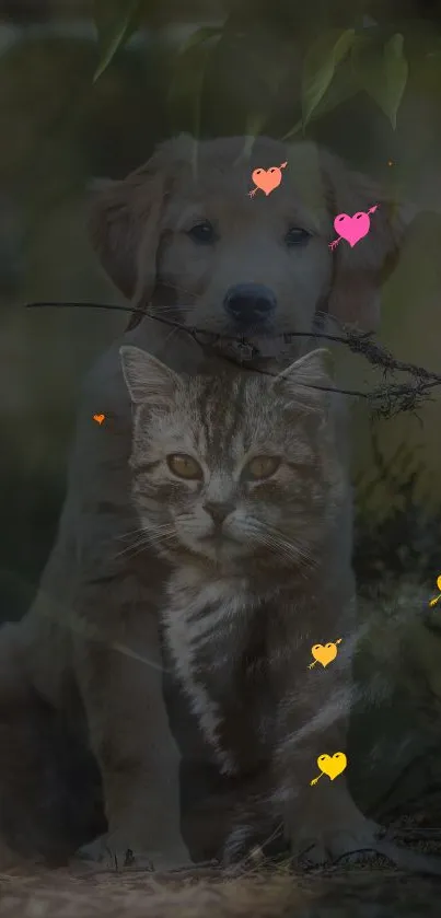 Adorable puppy and kitten with hearts wallpaper.