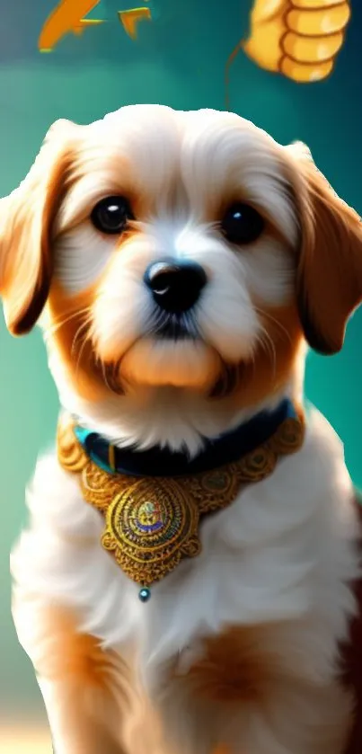 Cute puppy with detailed art and teal background.