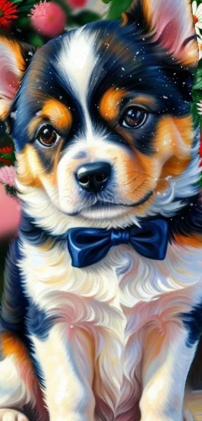 Adorable puppy with bow tie and flowers in colorful art design.