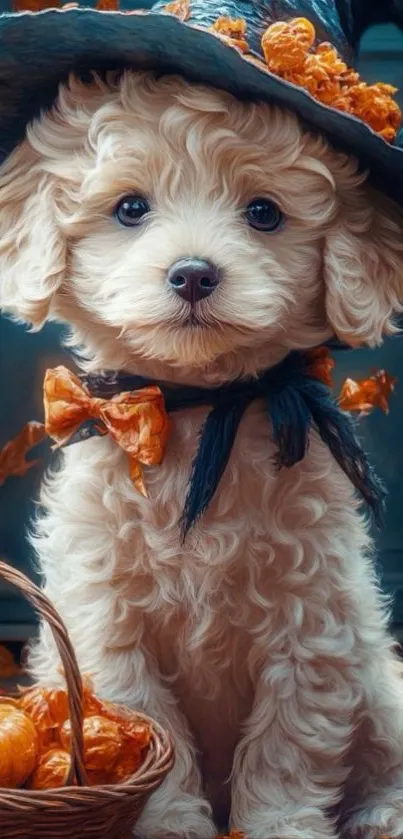 Adorable puppy wearing autumn hat surrounded by pumpkins.