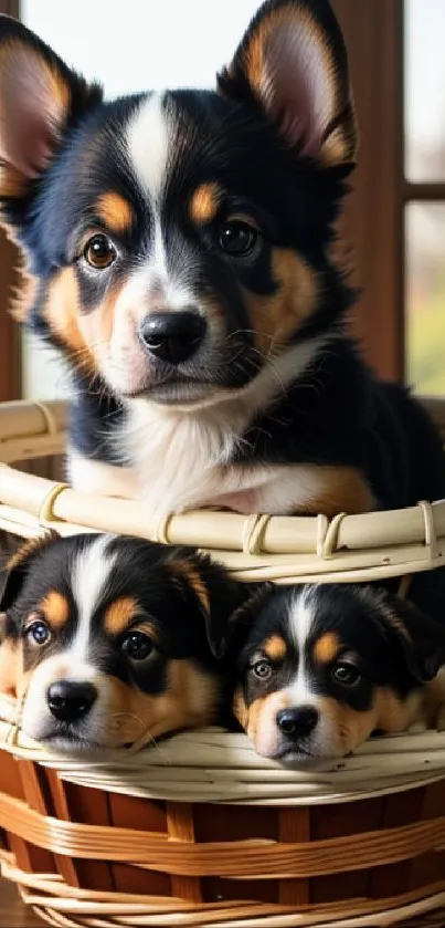 Three adorable puppies sitting in wicker baskets by a window.
