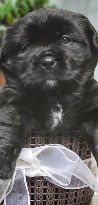Adorable black puppy in a basket with a white ribbon.