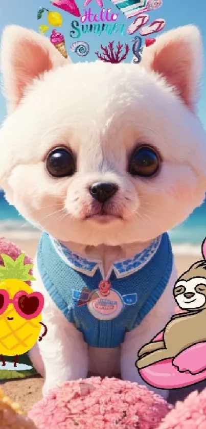 Fluffy white puppy on beach with summer decorations.