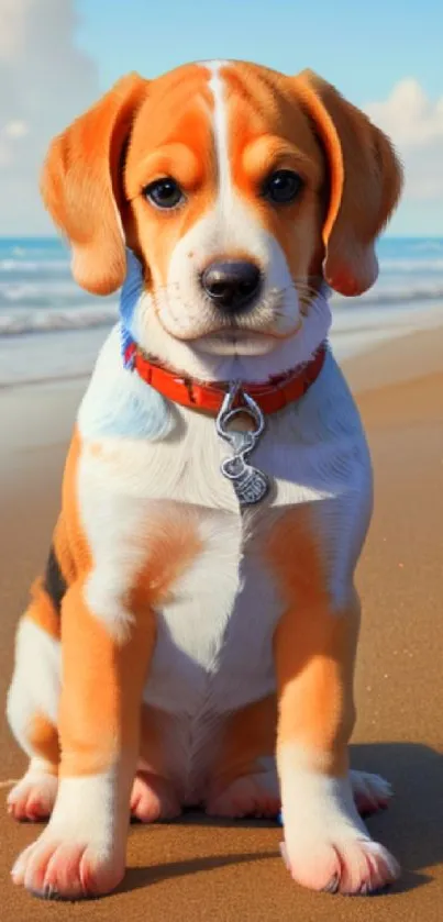 Adorable puppy sitting on a beach with ocean waves in the background.