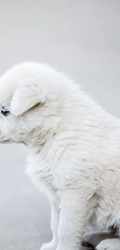 Cute white puppy sitting on a quiet beach.