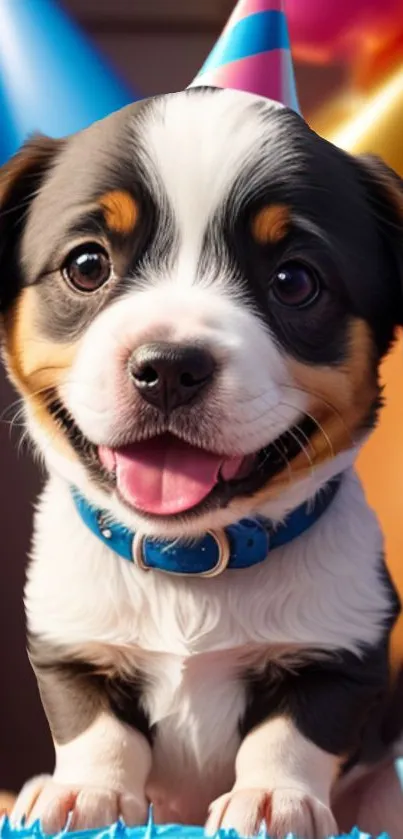 Cute puppy smiling with balloons at a birthday party celebration.