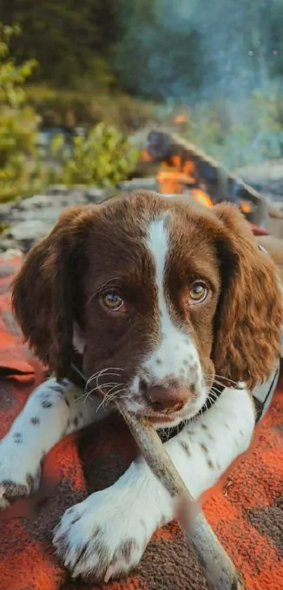 Adorable puppy lying on a blanket near a campfire.