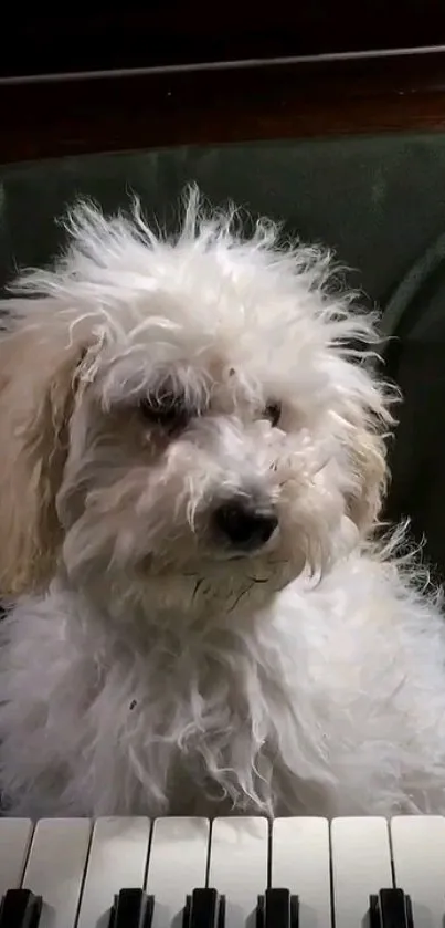 Fluffy white puppy sitting in front of piano keyboard.