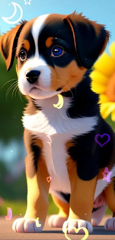 Adorable puppy sitting in front of bright sunflowers.