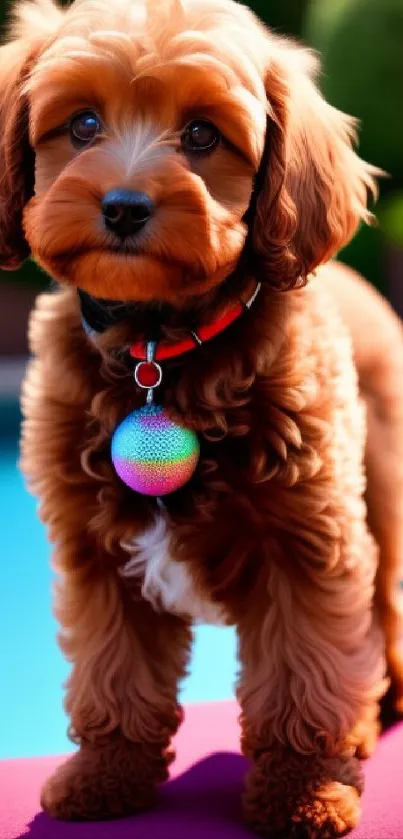 Adorable brown puppy standing by a pool on a sunny day.