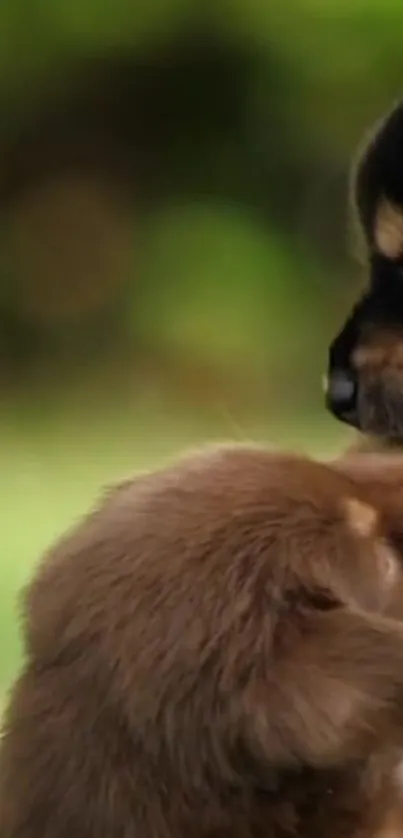 Adorable close-up of two puppies playing outside.