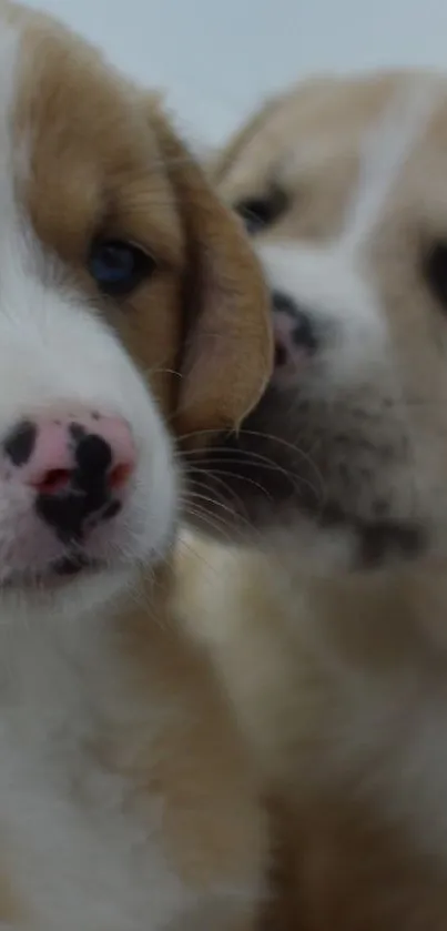 Two adorable puppies with blue eyes cuddling.